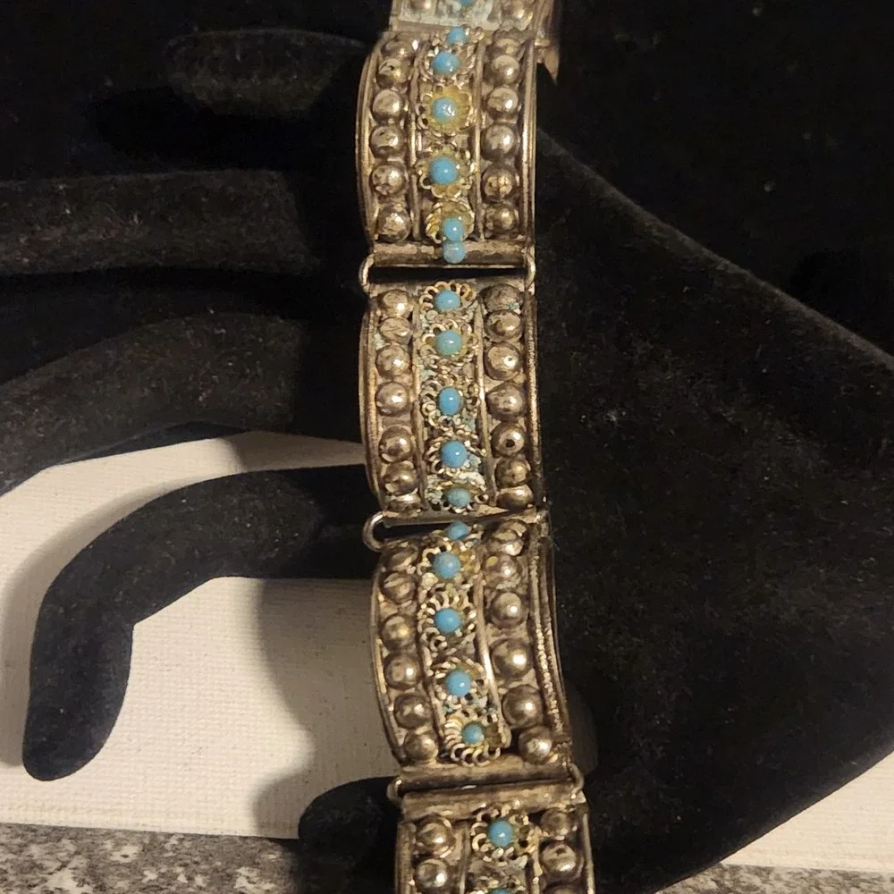 Vintage‎ Silver Tone Arched Link Bracelet Turquoise Bead Southwestern Boho Hook